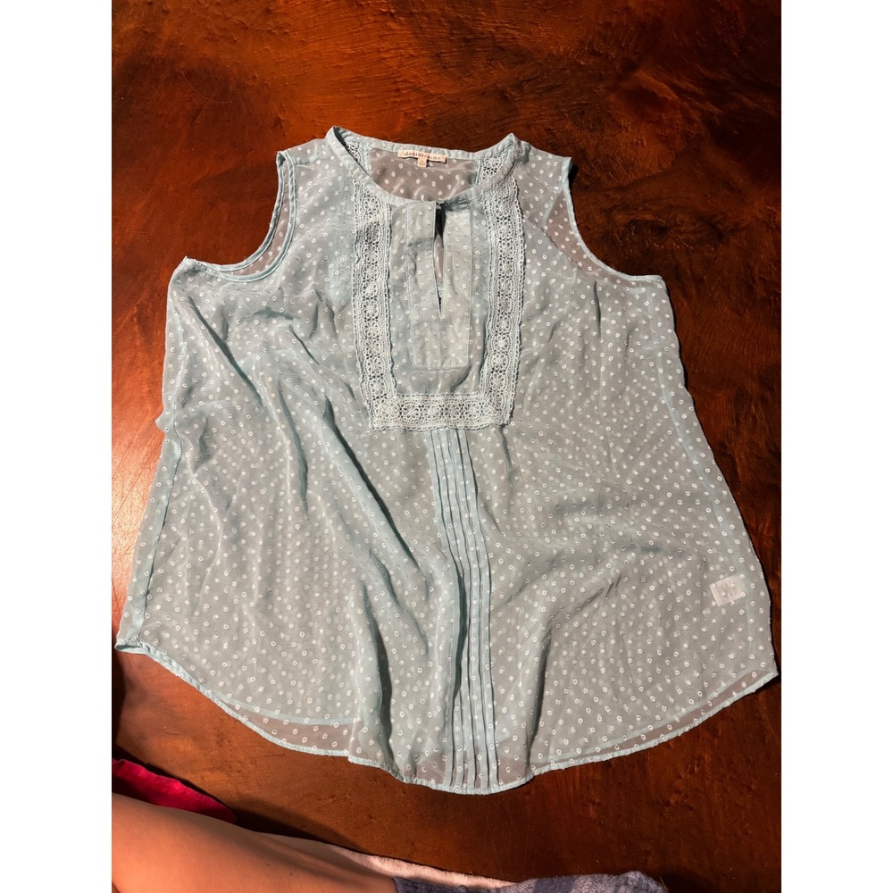 Daniel Rainn 2X Sleeveless Blouse‎ Top Blue White Polka Dot Crochet Trim